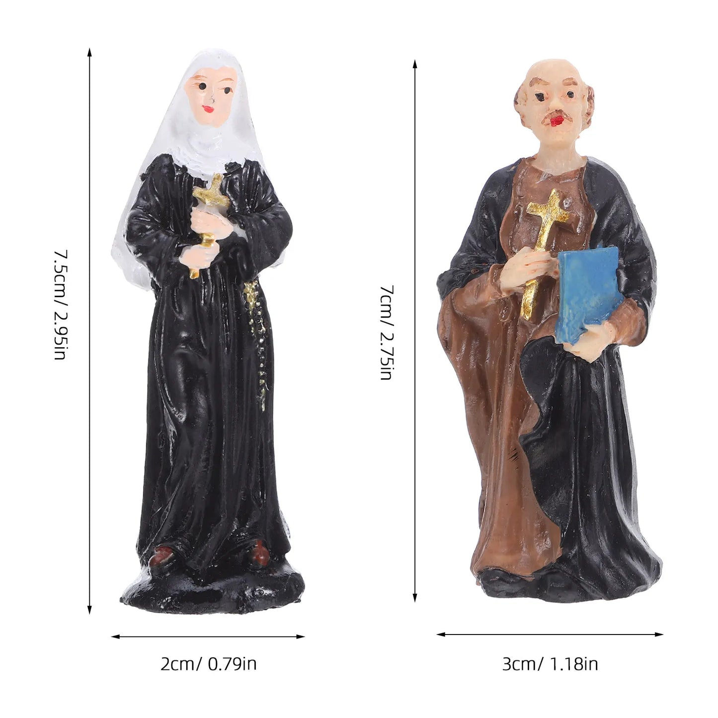 2Pcs Holy Statue Set Priest and Nun Resin Religious Sculpture for Desktop Small Decorations Sand Tray Cake Toppers Catholic