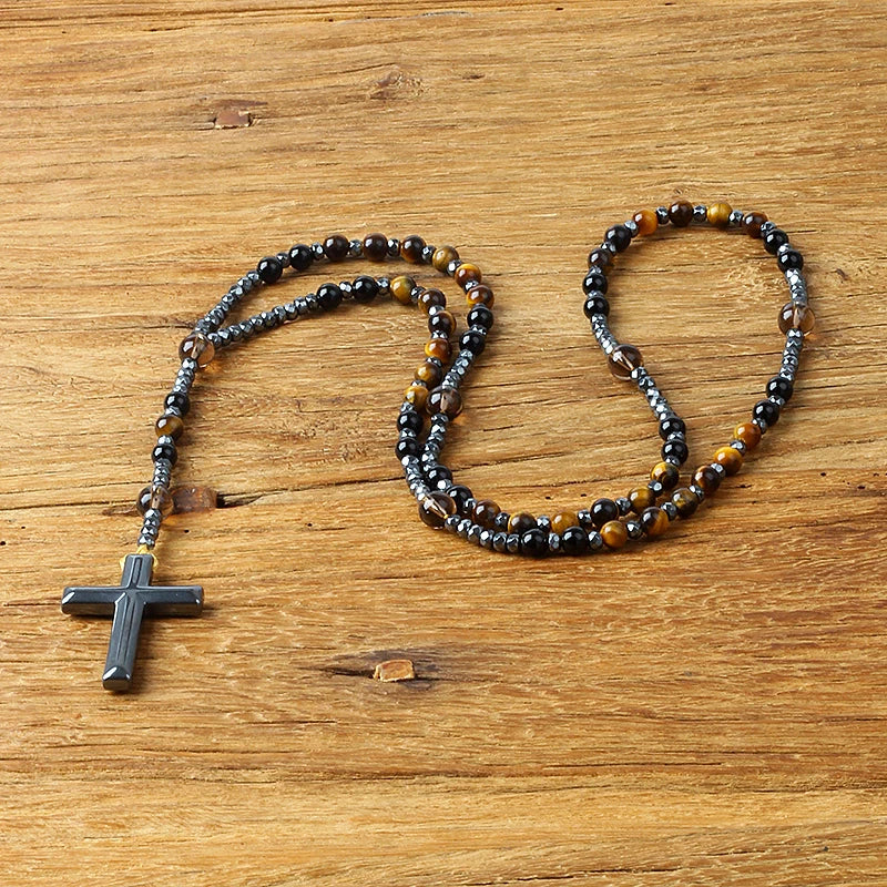 Hematite Tiger Eye Onyx Bracelets Catholi Christ Rosary Bead Long Bracelets for Men Hematite Cross Pendant Meditation Jewelry