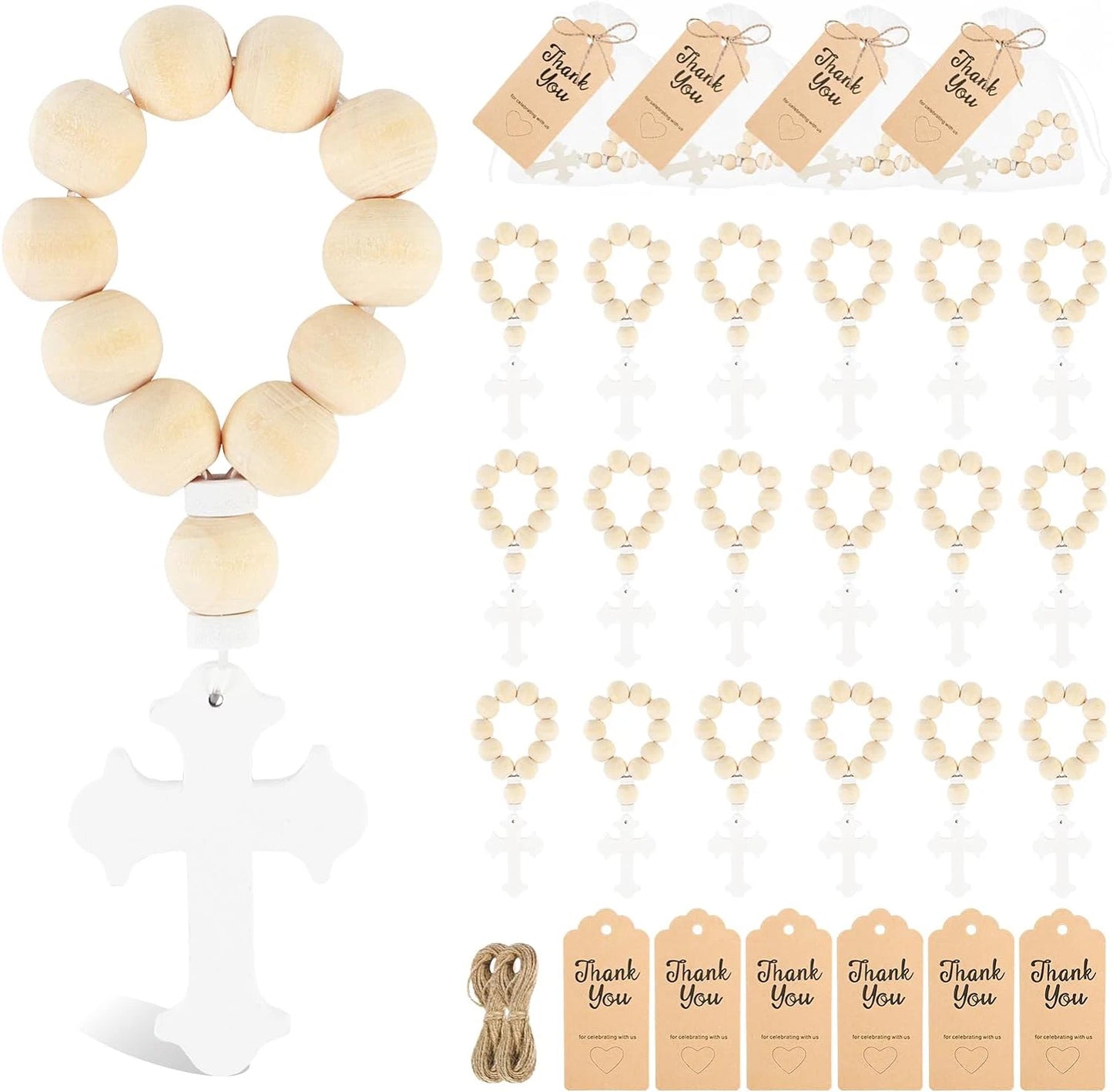 12/18PCS Catholic Wooden Rosary Bead with Cross Beads Christening Favors with White bag for the First Communion Confirmation
