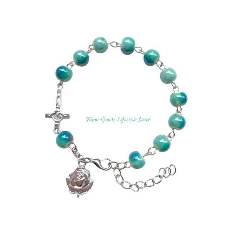 E74E Handmade Round Beads Bracelets Catholic Rosarys Beads Crosses Religious Pendants Bracelets Catholic Jewelry Gift