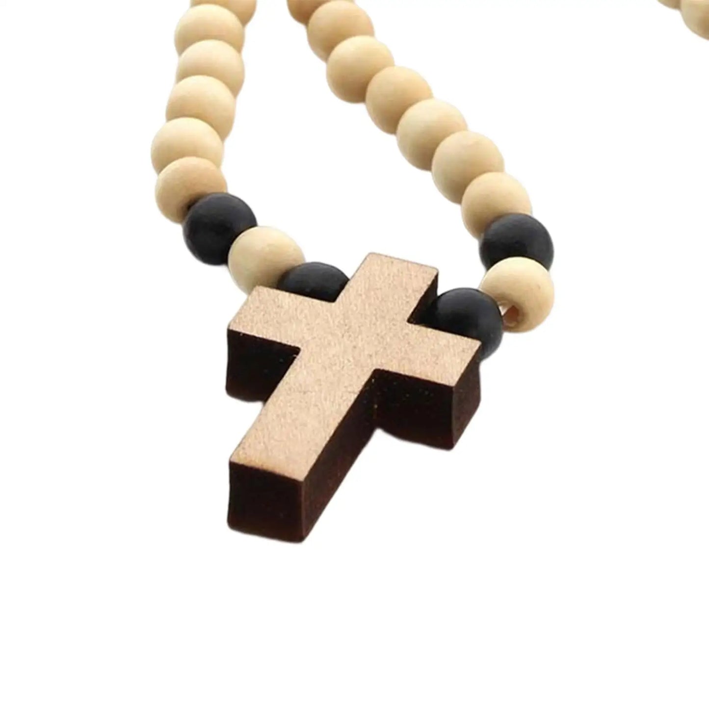 Wood Cross Pendant Necklace Chunky Beaded Chain Rosary Style Accessory for Men Women Church Events