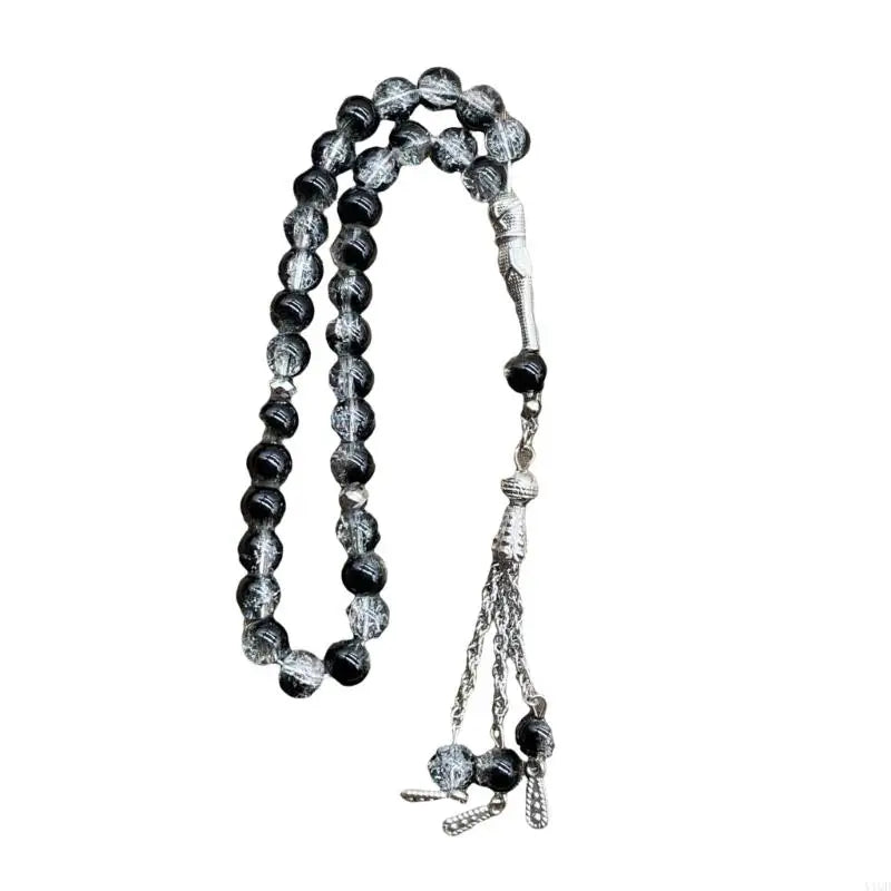 Handmade 33 Beads Muslims Rosary Ice Cracked Glass Tasbih with Tassels Pendant for Daily Prayers and Meditation Supply