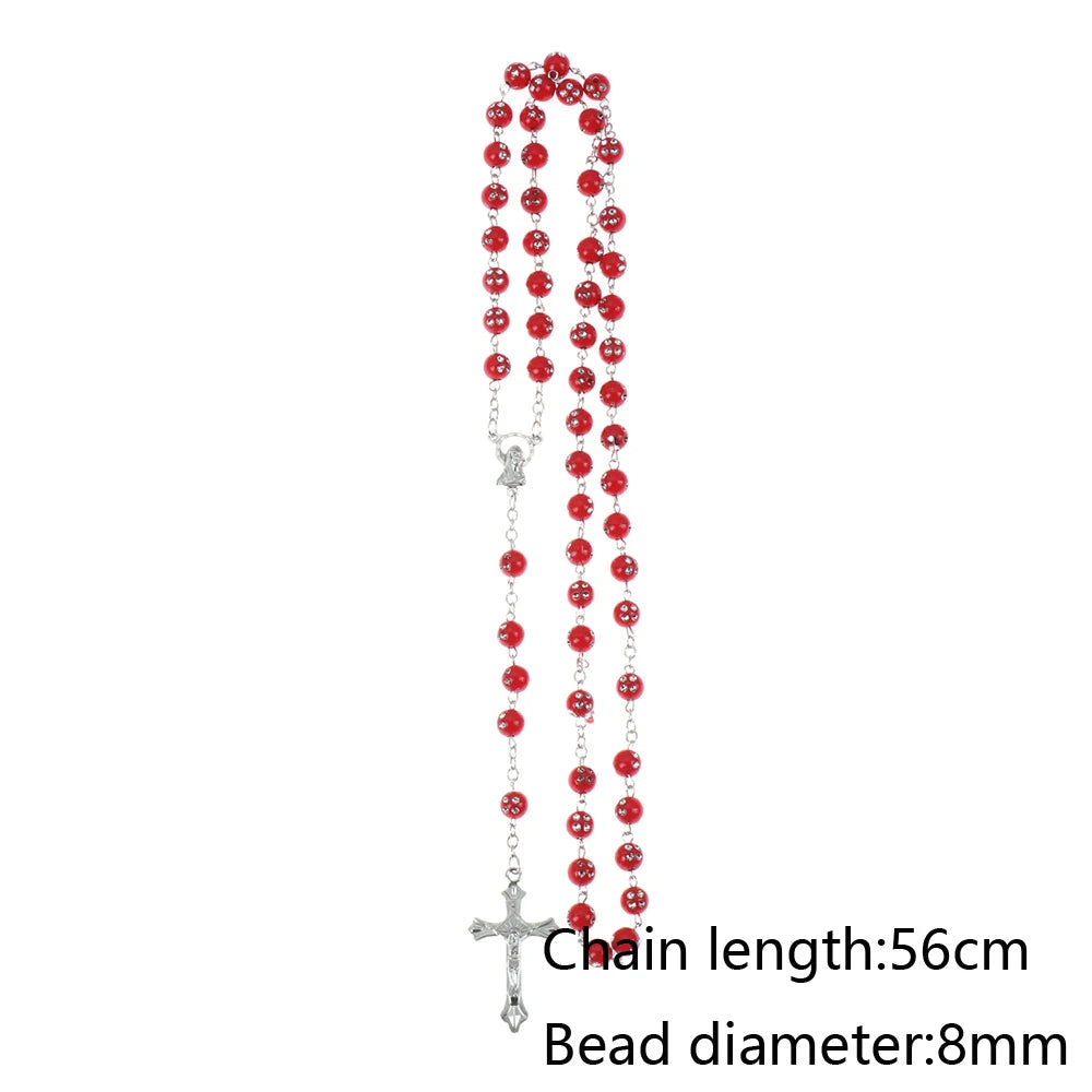 New Fashion Handmade Round Glass Bead Catholic Rosary Quality Bead Cross Necklace Beads Cross Religious Pendants Necklace