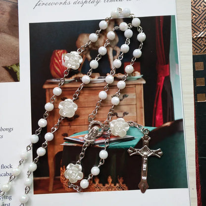 QIGO White Rose Plastic Rosary Necklace Long Jesus Cross Religious Prayer Jewelry