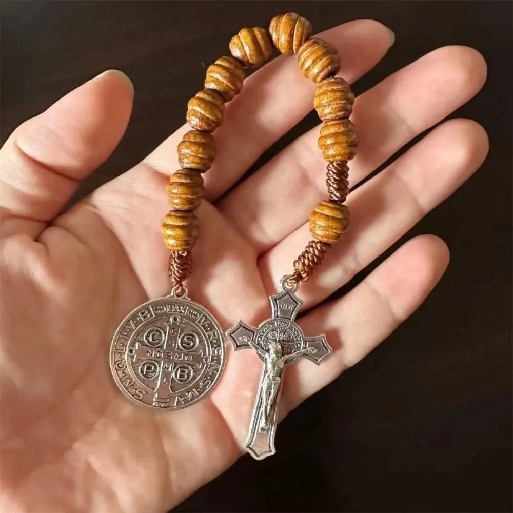 Vintage Saint Benedict Medal Prayer Alloy Wooden Prayer Beads Blessing Handmade Saint Benedict Rosary Catholic Prayer