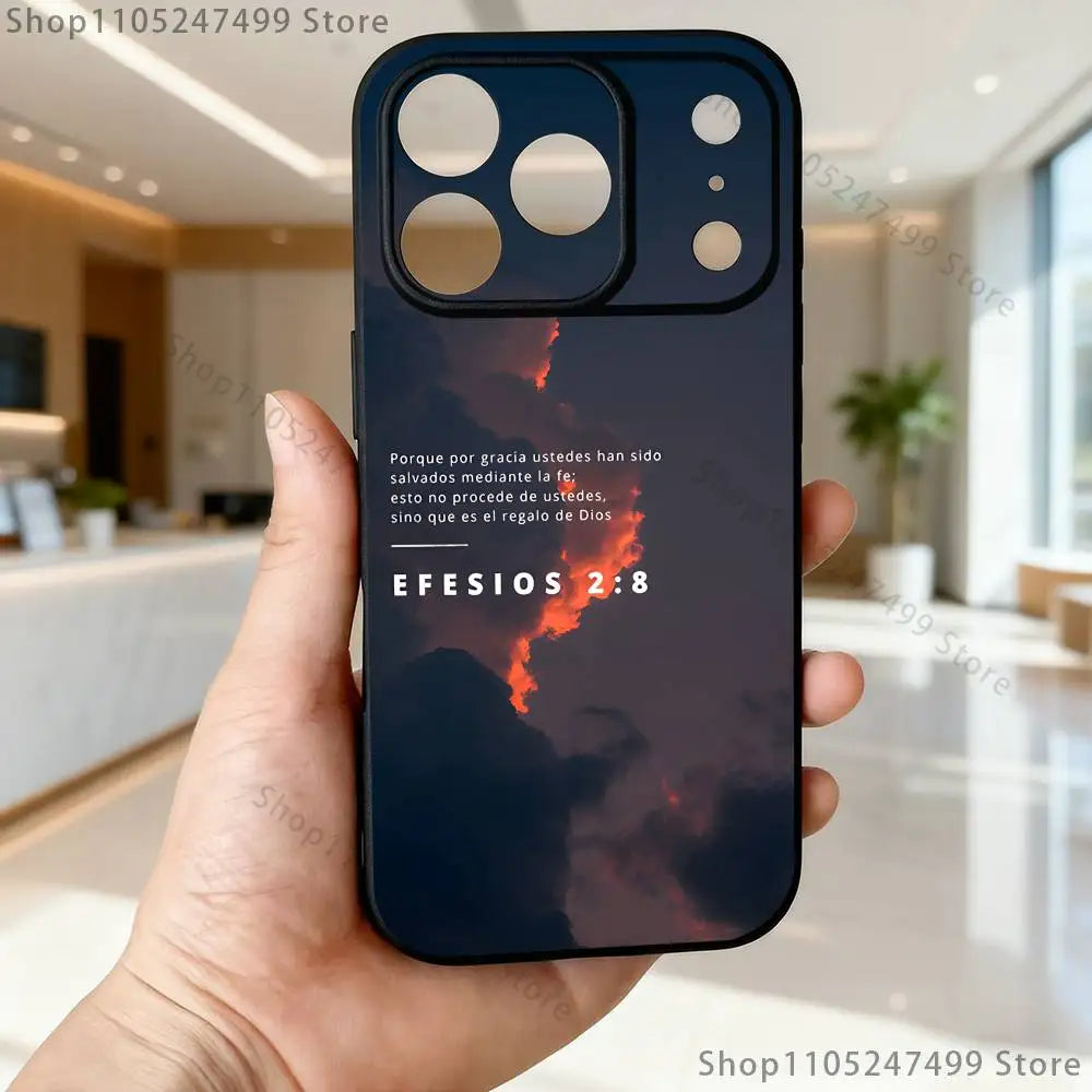 Spanish Jesus Bible Verse Phone Case For iPhone 17,16,15,14,13,12,Pro,Max,Plus,E,SE4,Air,Mini Black Soft Box