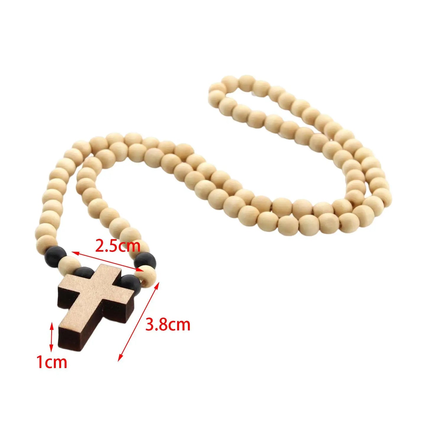 Wood Cross Pendant Necklace Chunky Beaded Chain Rosary Style Accessory for Men Women Church Events