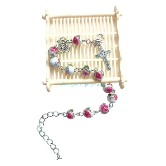 E74E Handmade Round Beads Bracelets Catholic Rosarys Beads Crosses Religious Pendants Bracelets Catholic Jewelry Gift