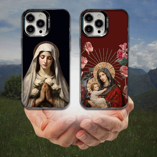 Virgin Mary Jesus Heart Phone Case For iPhone 16,15,14,13,12,11,8,7,Pro,Max,Plus,Mini,XS,SE Anti Fall Black Matte Hard