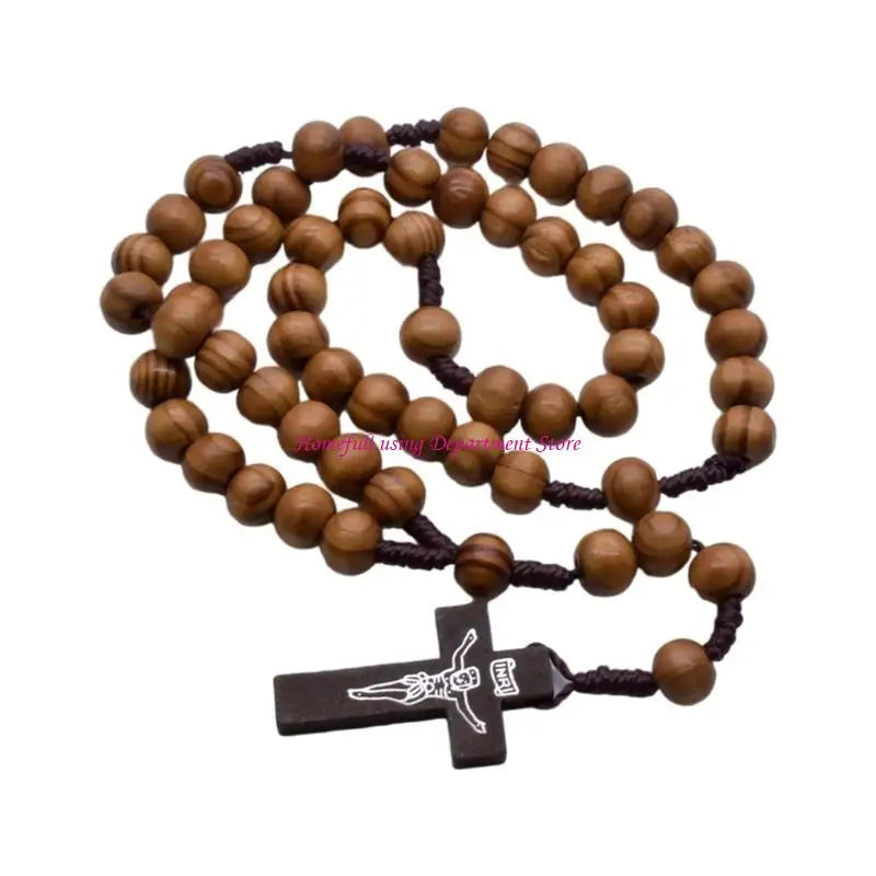 Catholic Prayer Beads Rosary Necklace with Wooden Crosses Pendant Religious Accessories for Communion and Baptisms