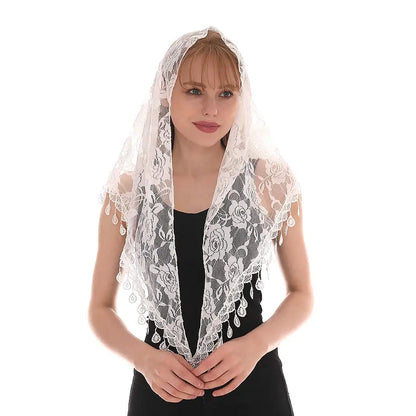 White Women Spanish Mantilla Lace Catholic Veil Chapel Scarf for Church Shawl Head Covering Scarf Mass Shawl Muslim Woman Veil