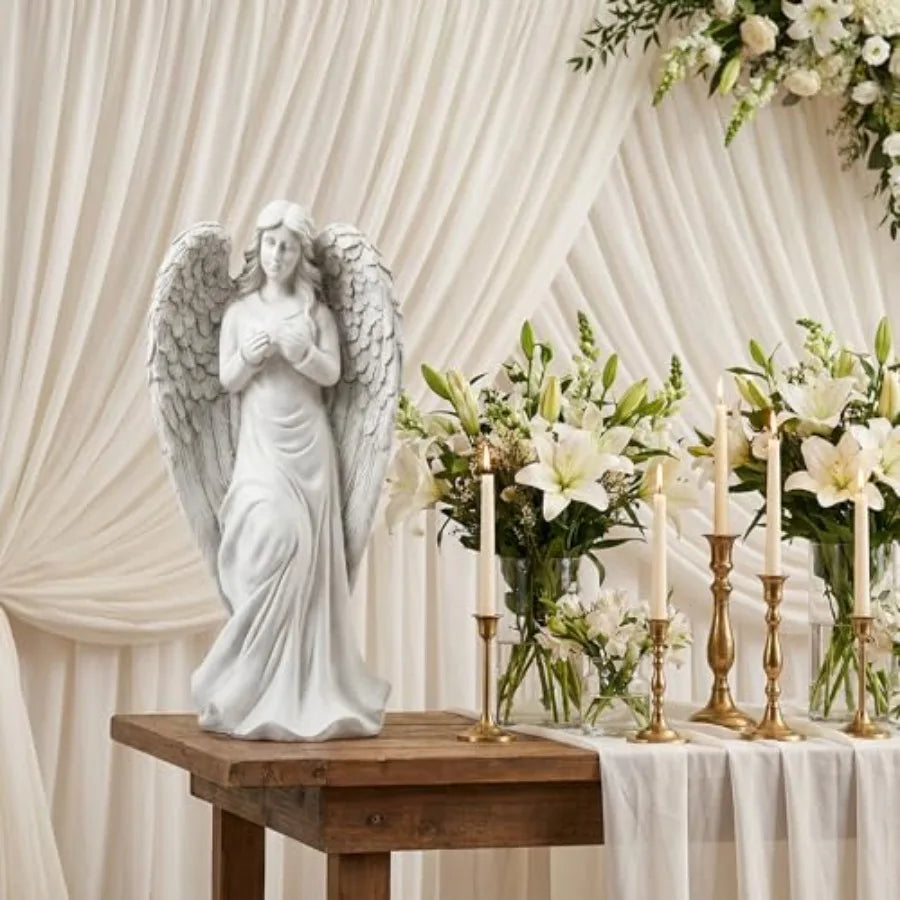 Standing Angel Statues for Garden 18.9 Inch Outdoor Garden Decor in White Religious Blessed Catholic Magnesium Oxide Stone Scul