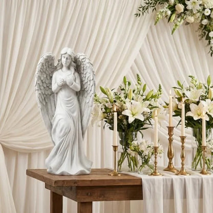 Standing Angel Statues for Garden 18.9 Inch Outdoor Garden Decor in White Religious Blessed Catholic Magnesium Oxide Stone Scul