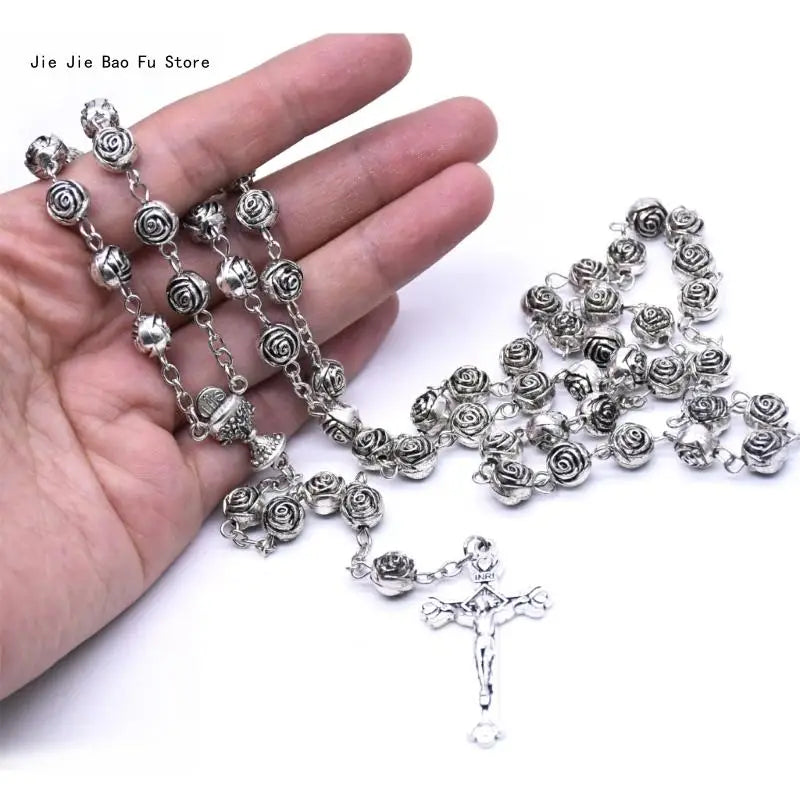 Catholic Rosary Necklace Plastic Rose Flowers Bead Cross Crucifix Pendant Vintage Religious Jewelry for Women Meditation
