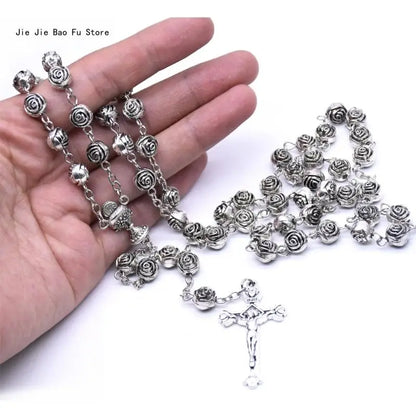 Catholic Rosary Necklace Plastic Rose Flowers Bead Cross Crucifix Pendant Vintage Religious Jewelry for Women Meditation