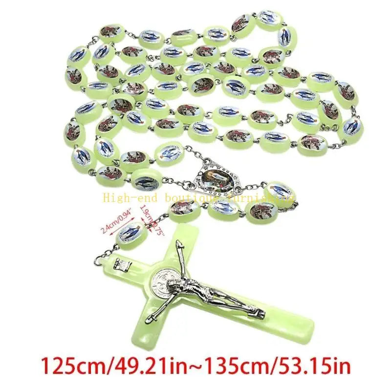 L9NB Catholic Angel Virgin Mary Luminous Rosary Religious Beads Wall Hanging Rosary for Cross Pendant Necklace Glow in The Da