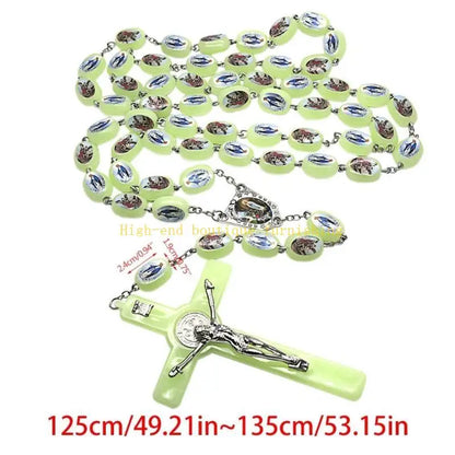 L9NB Catholic Angel Virgin Mary Luminous Rosary Religious Beads Wall Hanging Rosary for Cross Pendant Necklace Glow in The Da