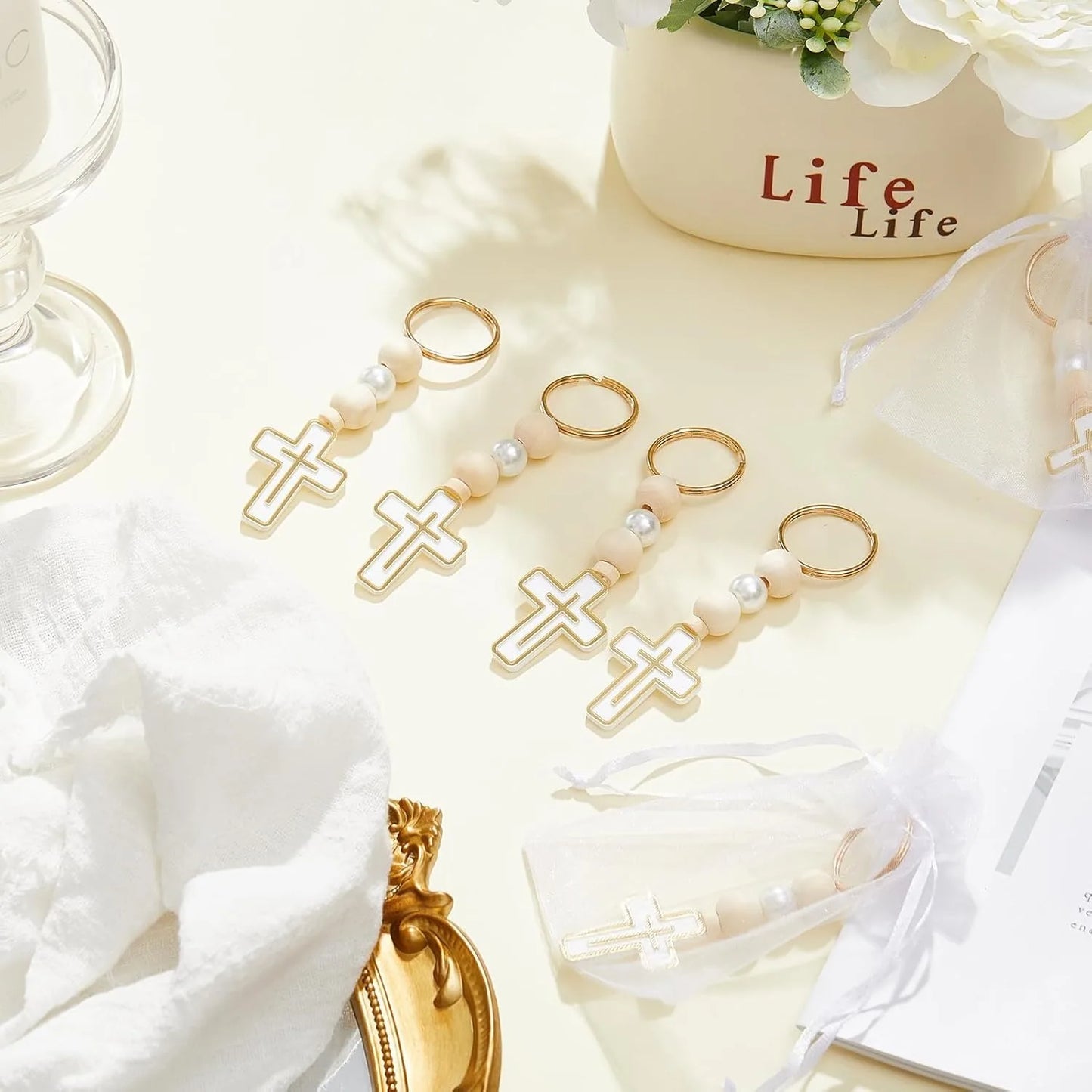 10/20Pcs First Holy Communion Favors Rosary Beads with Cross Crucifix Keychain with White Organza Bag Baptism Favors