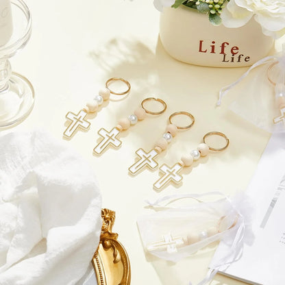 10/20Pcs First Holy Communion Favors Rosary Beads with Cross Crucifix Keychain with White Organza Bag Baptism Favors
