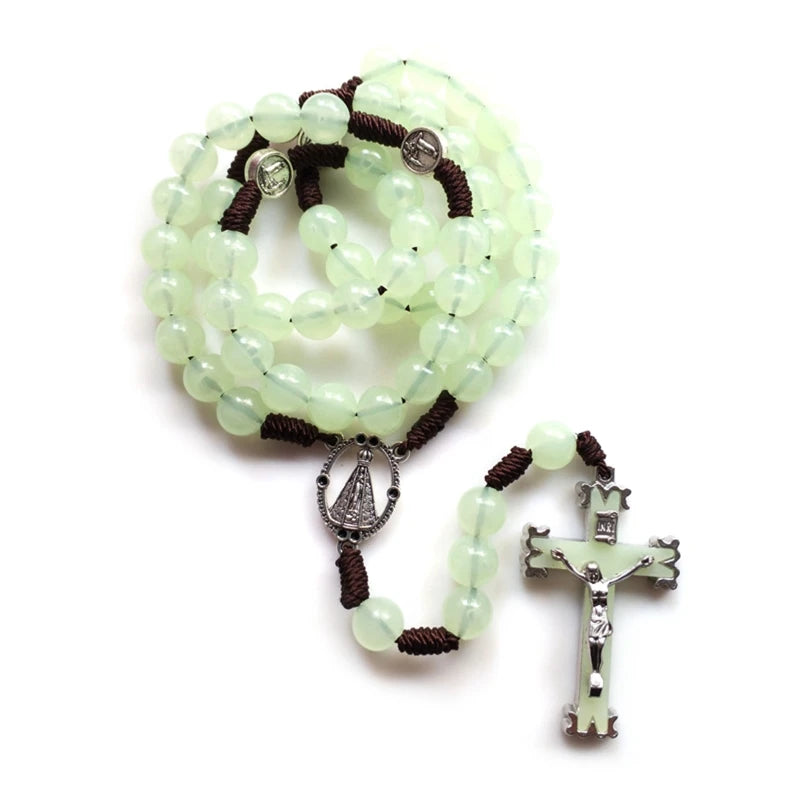 10mm Acrylic Bead Rosary Necklace Vintage Weave Catholic Religious Cross Jesus Pendant Necklaces for Men Women Jewelry Charm
