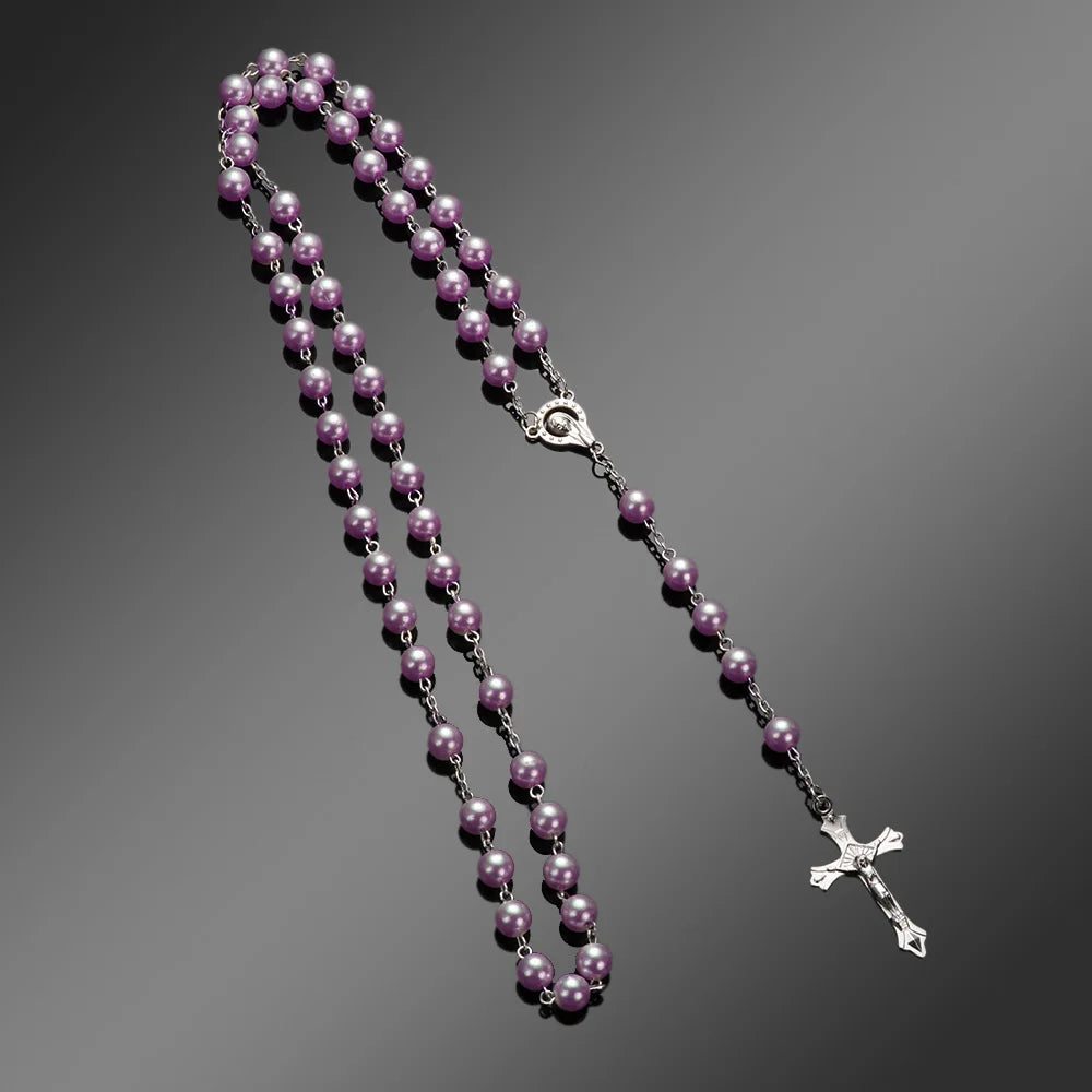 Vintage Rosary Beads Chain Cross Necklace Handmade Quality  Glass Bead Catholic Rosary Religious Crucifix Pendants Necklace