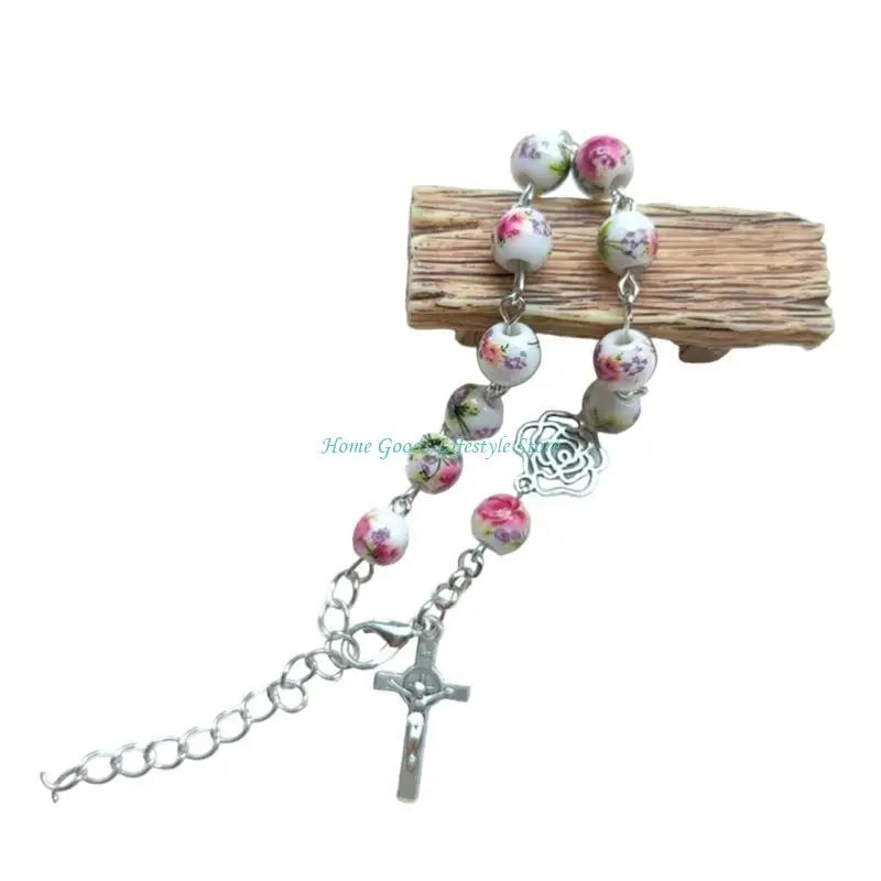 E74E Handmade Round Beads Bracelets Catholic Rosarys Beads Crosses Religious Pendants Bracelets Catholic Jewelry Gift