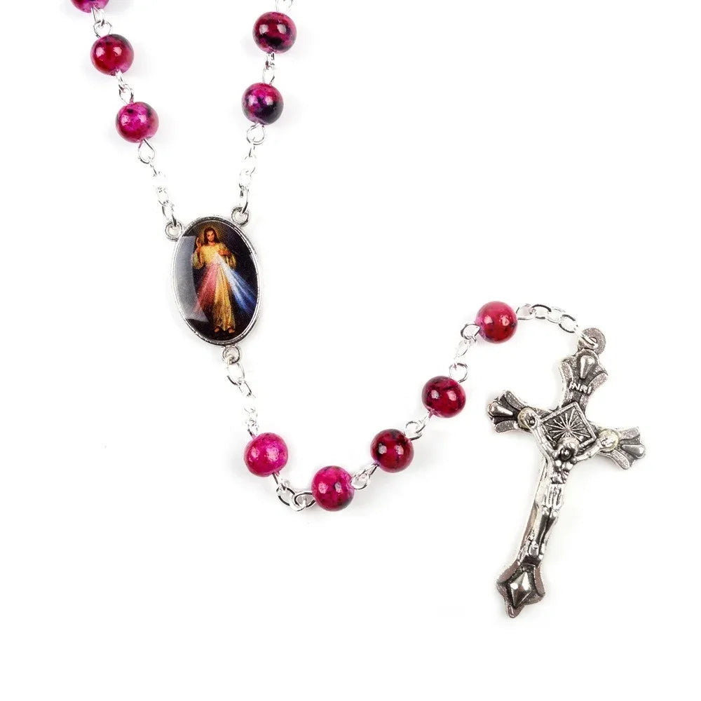 6mm Acrylic Glass Beads Rosary Necklace with Pearl Our Father Beads with Virgin Mary Boys and Girls