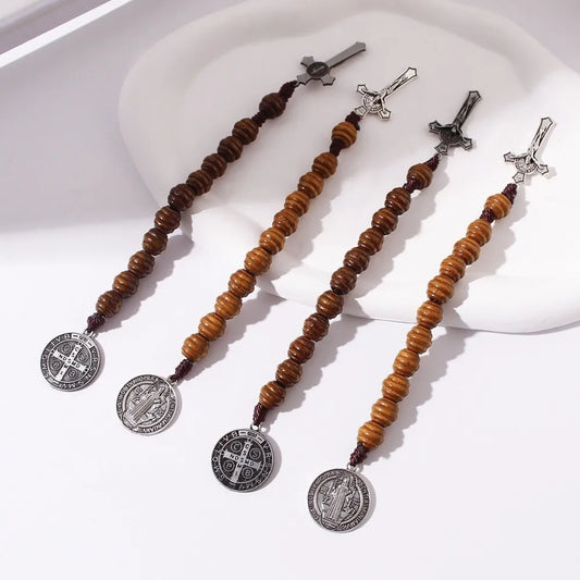 Vintage Saint Benedict Medal Prayer Alloy Wooden Prayer Beads Blessing Handmade Saint Benedict Rosary Catholic Prayer