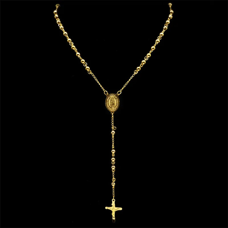 Religious Catholic Virgin Mary Jesus Cross Rosary Necklace for Men Women Stainless Steel Christian Christ Long Chain JewelryZZZ