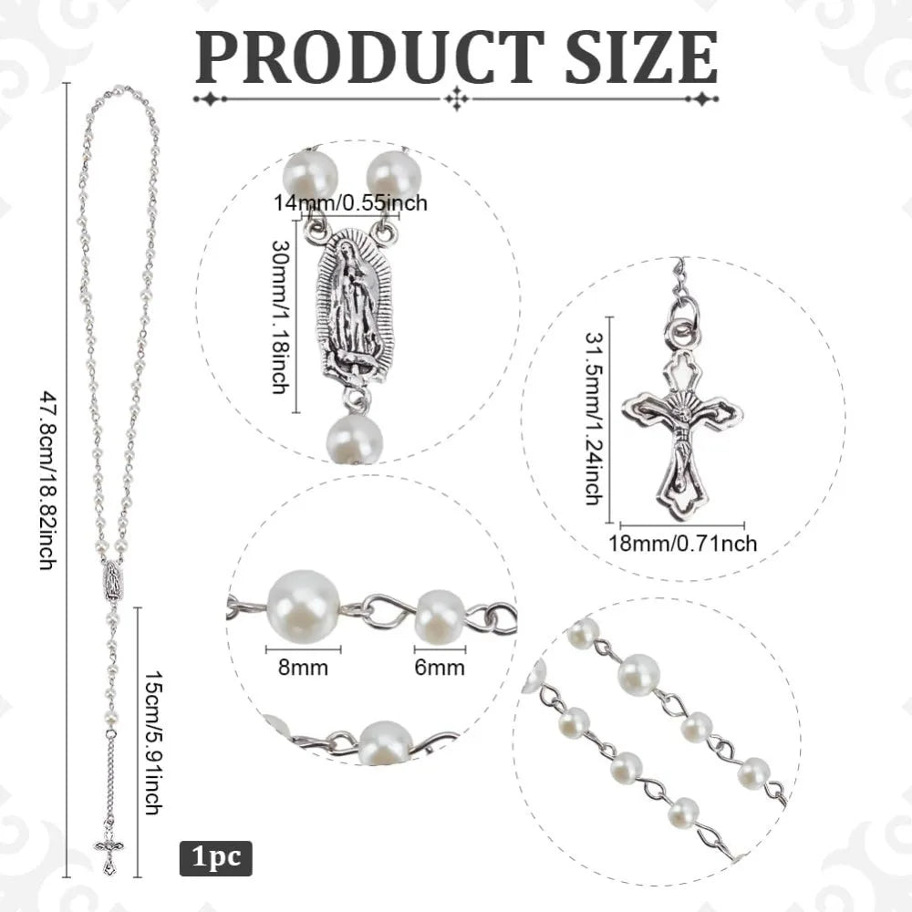 Gothic Long Bead Rosary Cross Necklace White Pearl Beads Rosary Necklace Pearl Cross Vintage Necklaces Crucifix with Medal