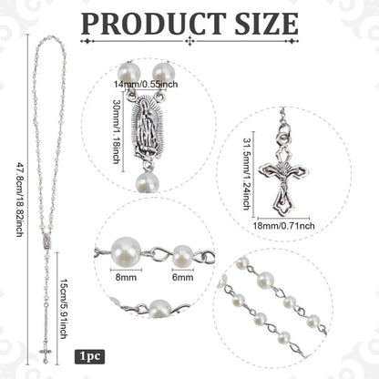 Gothic Long Bead Rosary Cross Necklace White Pearl Beads Rosary Necklace Pearl Cross Vintage Necklaces Crucifix with Medal