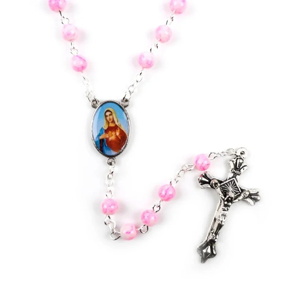 6mm Acrylic Glass Beads Rosary Necklace with Pearl Our Father Beads with Virgin Mary Boys and Girls