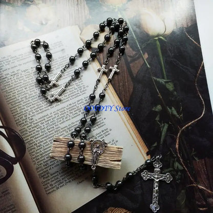 367A Fashion Handmade Round Beads Catholic Rosary Necklace for Cross Pendant Religiou