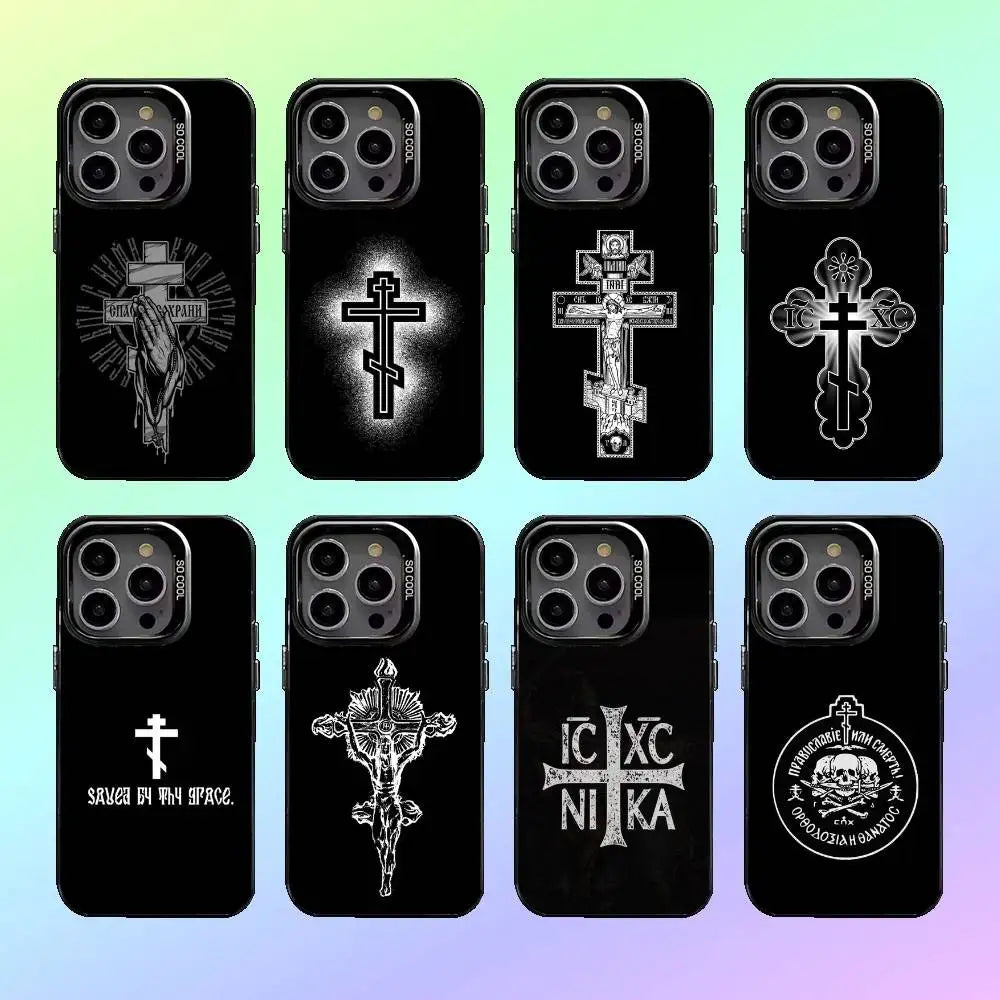 O-Orthodox Cross Icon Phone Case For iPhone17,16,15,14,13,12,11  Lens Border Silver Plated Cover Candy Matte Cover