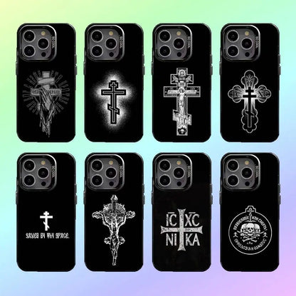 O-Orthodox Cross Icon Phone Case For iPhone17,16,15,14,13,12,11  Lens Border Silver Plated Cover Candy Matte Cover
