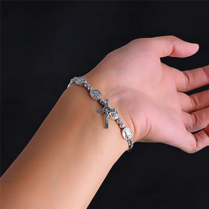 Handmade Rosary Bracelet Elasticated Metal   Round Rose Alloy Beads Catholic Saints Images Prayer  Car Ornament