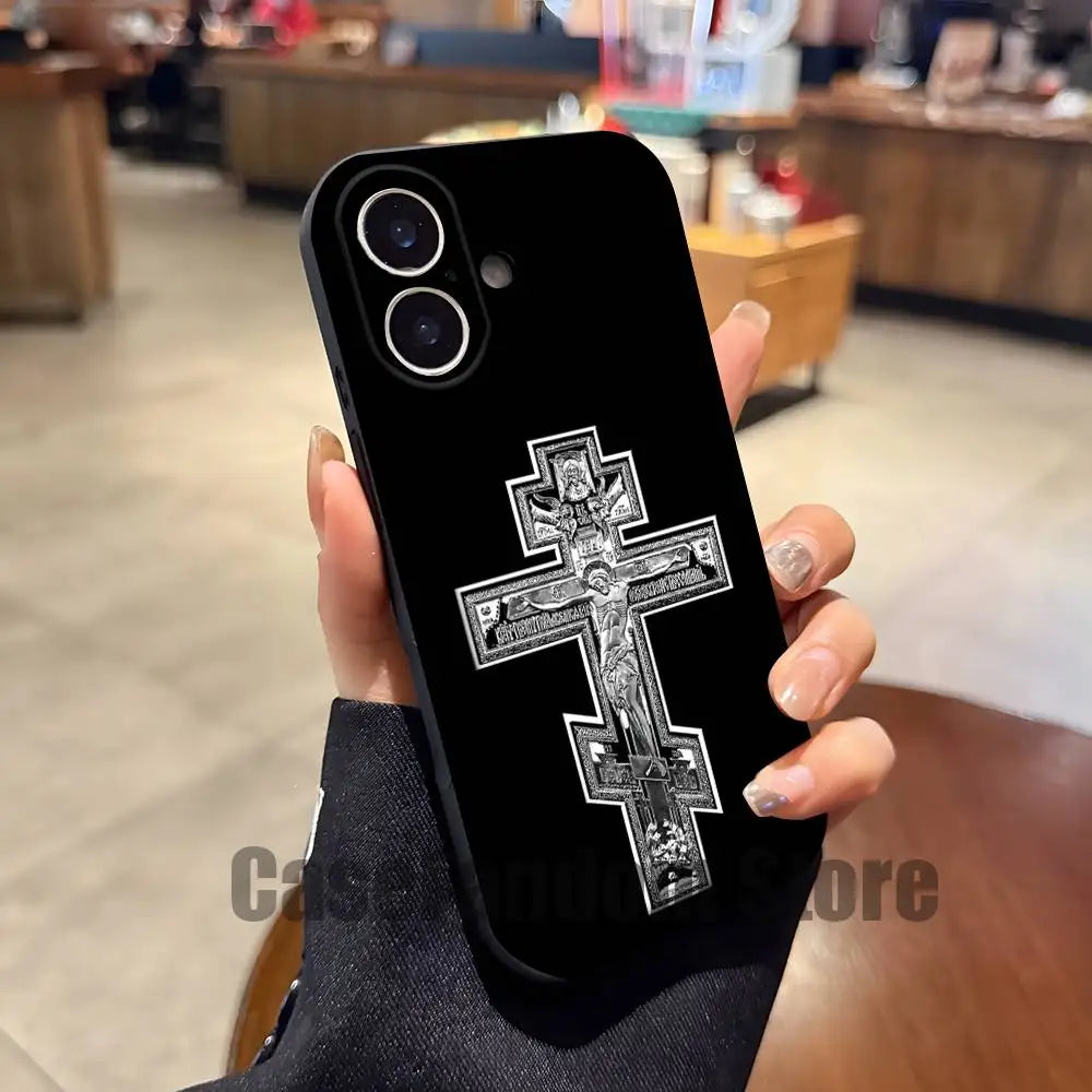 Orthodox Cross Icon Jesus God Phone Case For iPhone 17,16,15,14,13,12,11,Pro,Max,Plus Black Shockproof Soft Cover