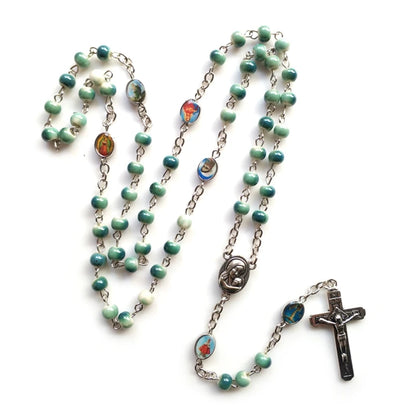 10mm Acrylic Bead Rosary Necklace Vintage Weave Catholic Religious Cross Jesus Pendant Necklaces for Men Women Jewelry Charm