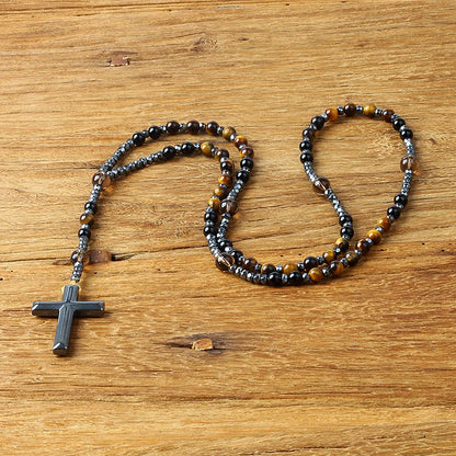 Hematite Tiger Eye Onyx Bracelets Catholi Christ Rosary Bead Long Bracelets for Men Hematite Cross Pendant Meditation Jewelry