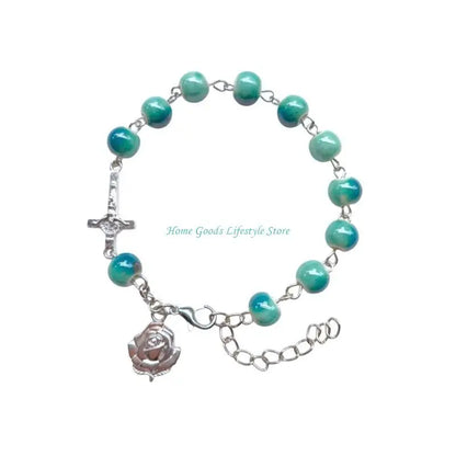 E74E Handmade Round Beads Bracelets Catholic Rosarys Beads Crosses Religious Pendants Bracelets Catholic Jewelry Gift