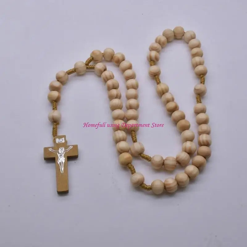 Catholic Prayer Beads Rosary Necklace with Wooden Crosses Pendant Religious Accessories for Communion and Baptisms
