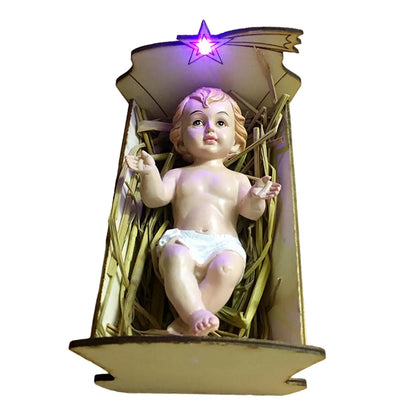 Babies Jesus Statue Wooden Manger Nativity Scene Decor Christmas Resin Sculpture for Indoor Holiday Home