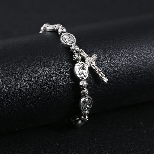 Handmade Rosary Bracelet Elasticated Metal   Round Rose Alloy Beads Catholic Saints Images Prayer  Car Ornament