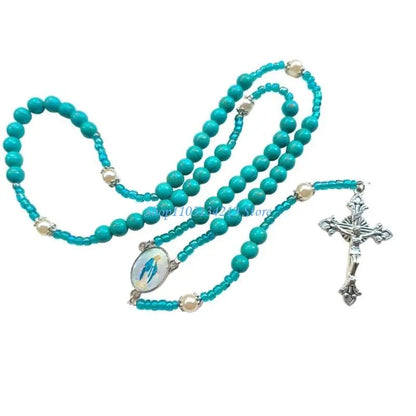 N5KC Spiritual Blue Beaded Turquoise Rosary Necklace with Metal Crosses Pendant for Prayer Religious Neckchain Jewelry Gift
