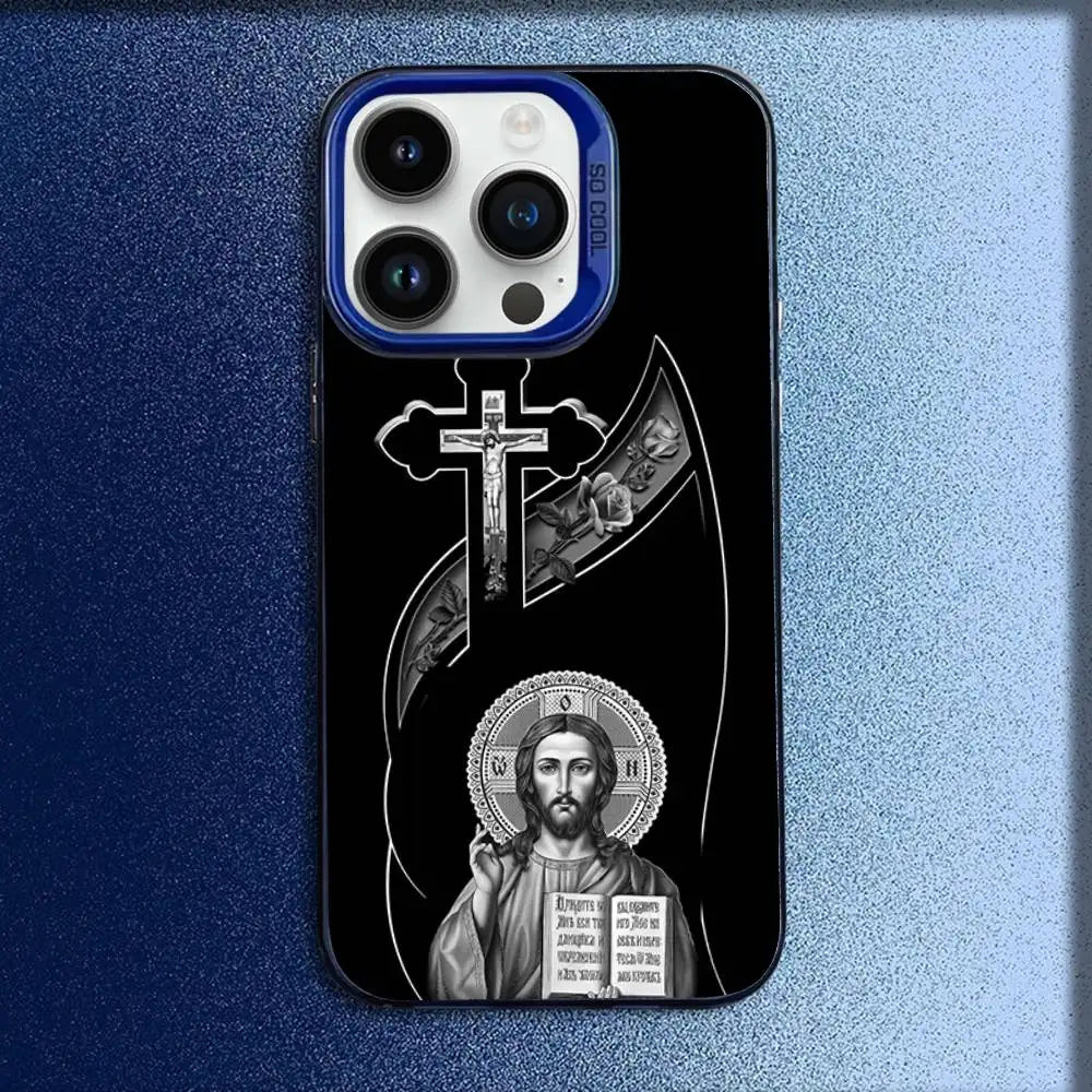 Orthodox Cross Icon Church Phone Case For iPhone 16,15,14,13,12,11,Mini,Pro,E,MAX Blue Candy Matte Shockproof Cover