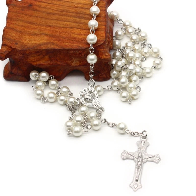 White-Pearl Rosary Beads Catholic Necklace Holy Medal-Cross Christian Long Chain