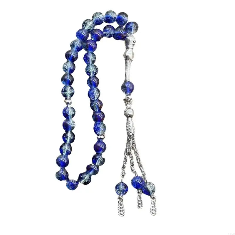 Handmade 33 Beads Muslims Rosary Ice Cracked Glass Tasbih with Tassels Pendant for Daily Prayers and Meditation Supply