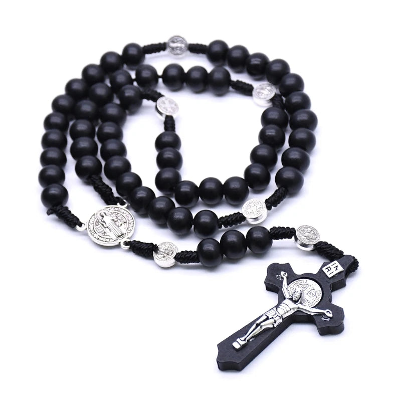 Black Wooden for Cross Religious Necklace Fashion Handmade Round Bead Catholic Rosary for Cross Religious Necklace Gifts