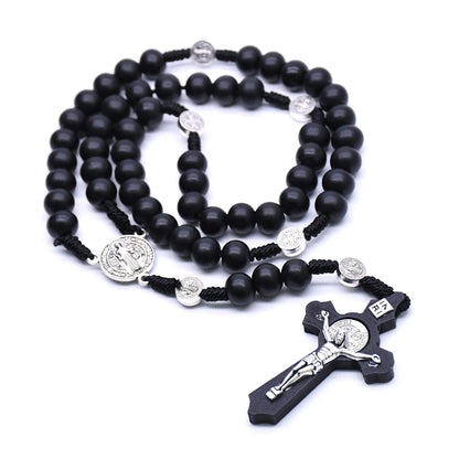 Black Wooden for Cross Religious Necklace Fashion Handmade Round Bead Catholic Rosary for Cross Religious Necklace Gifts