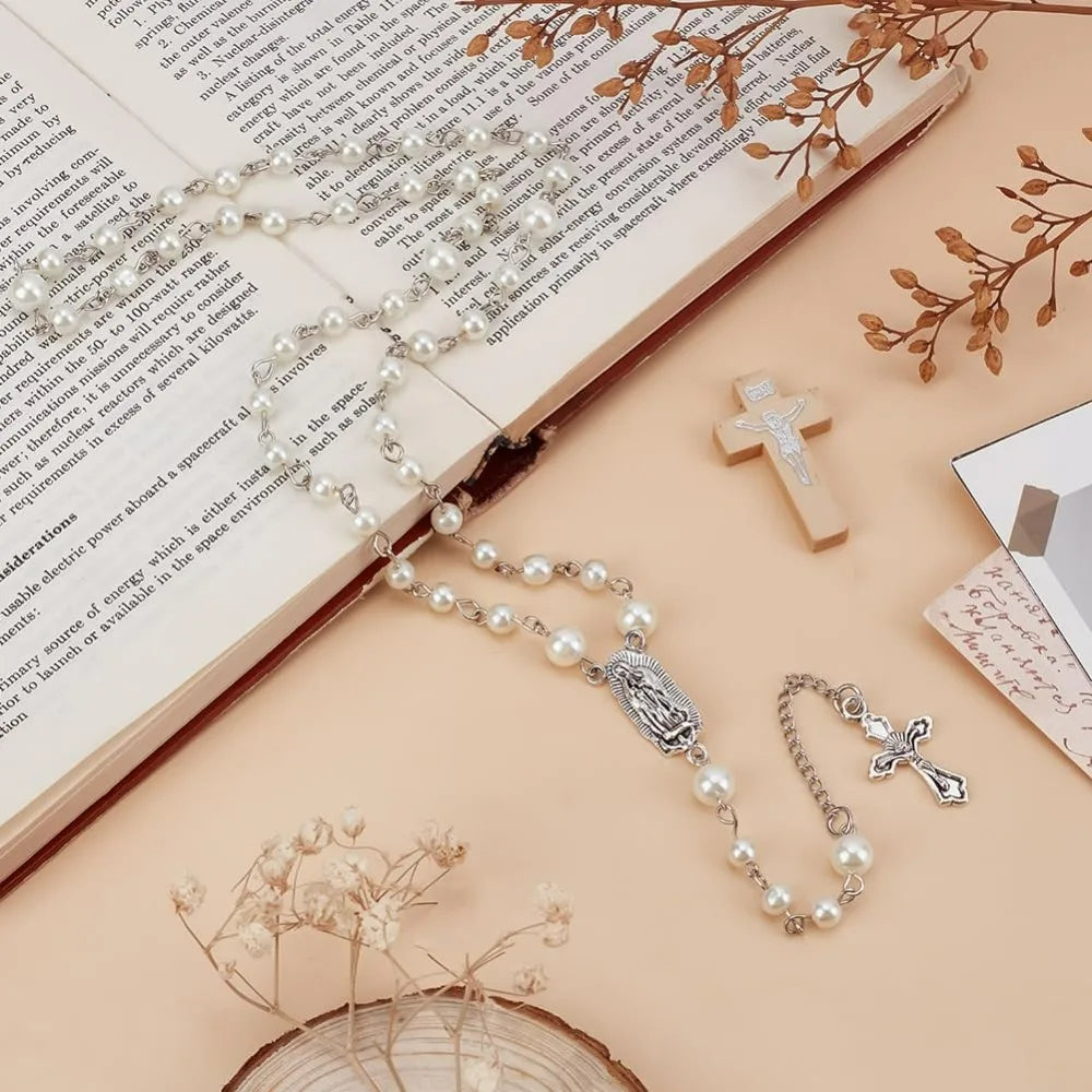Gothic Long Bead Rosary Cross Necklace White Pearl Beads Rosary Necklace Pearl Cross Vintage Necklaces Crucifix with Medal